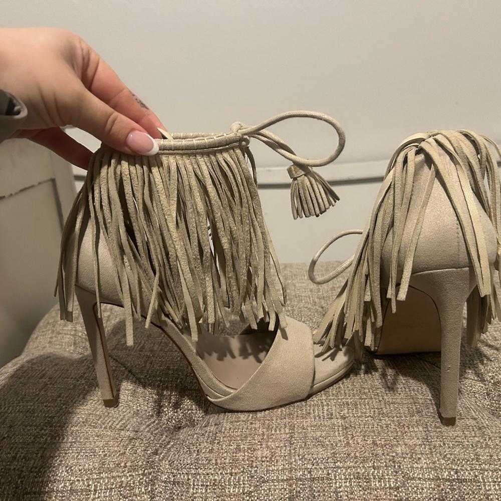 Women's ZARA Basic Collection Beige Suede Leather Fringe High Heels EU 36